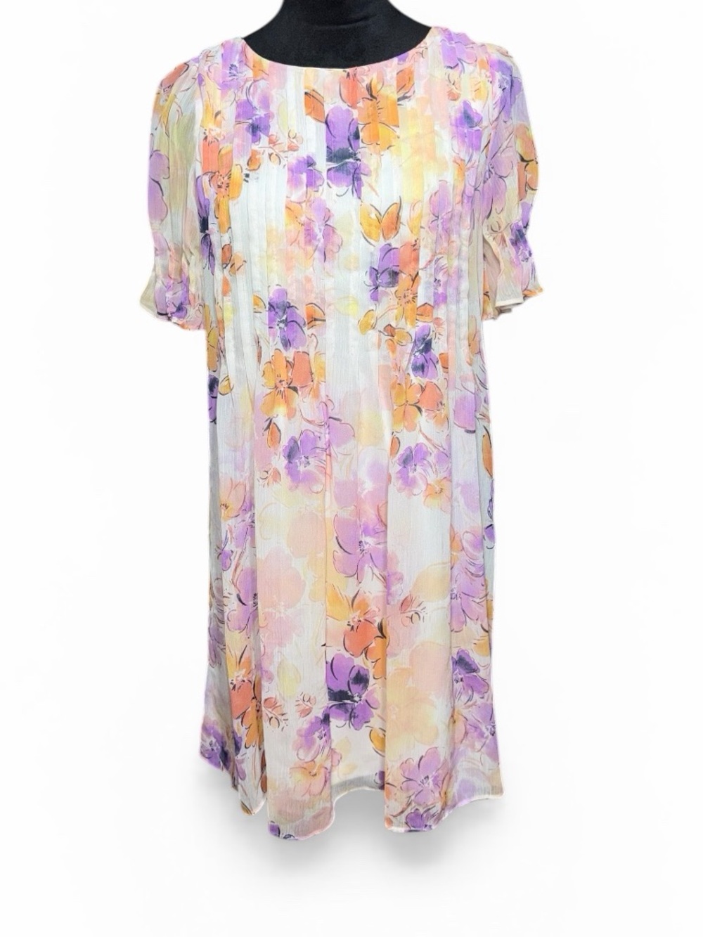 DKNY Lavender and Peach Floral Pleated Midi Dress